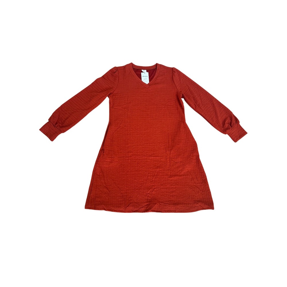 Alealiy Textured V Neck Long Sleeve Dress‎ Orange XL Pockets